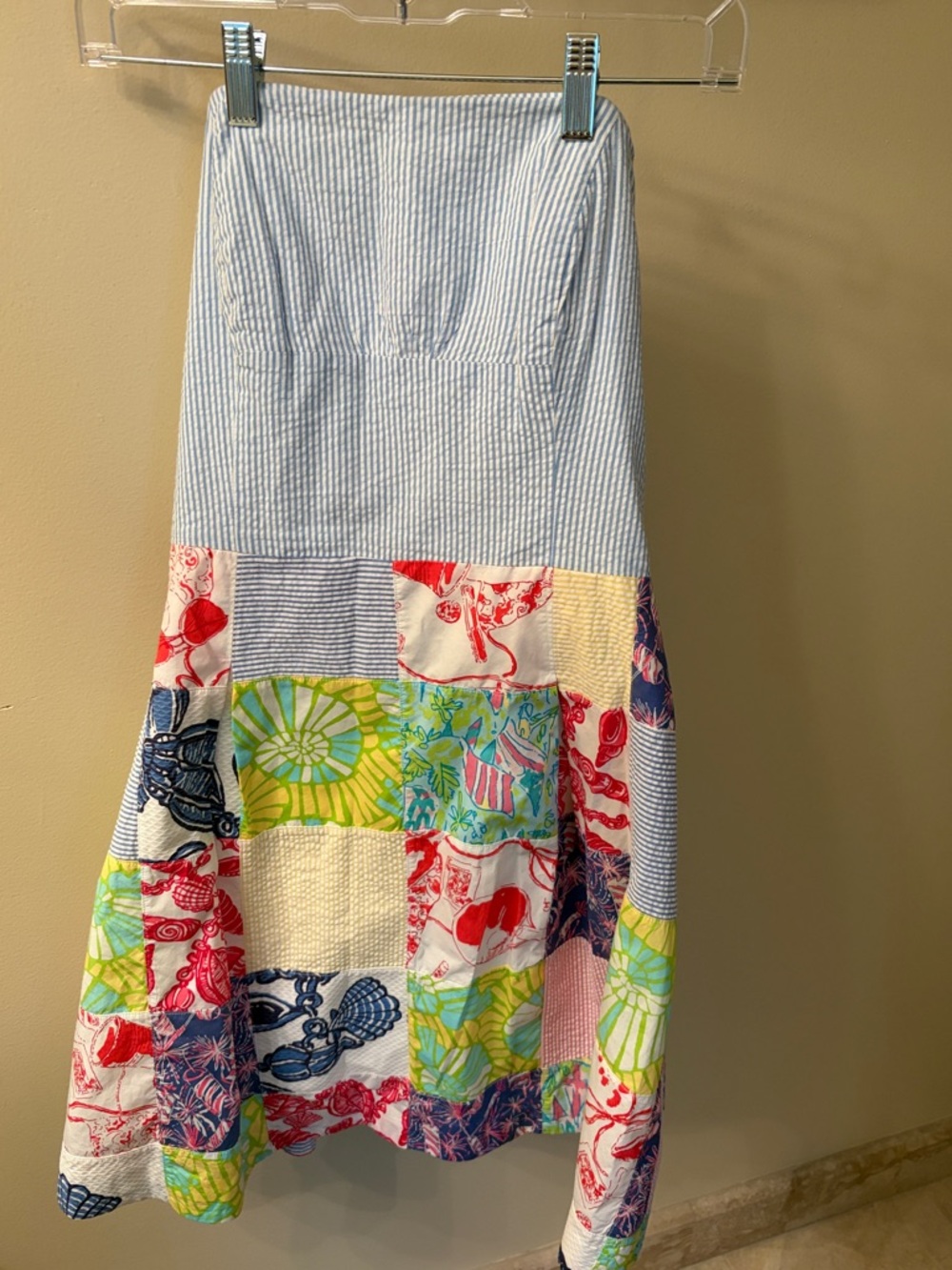 Lilly Pulitzer Strapless Patchwork Dress in Light Blue, Red, Green, Navy